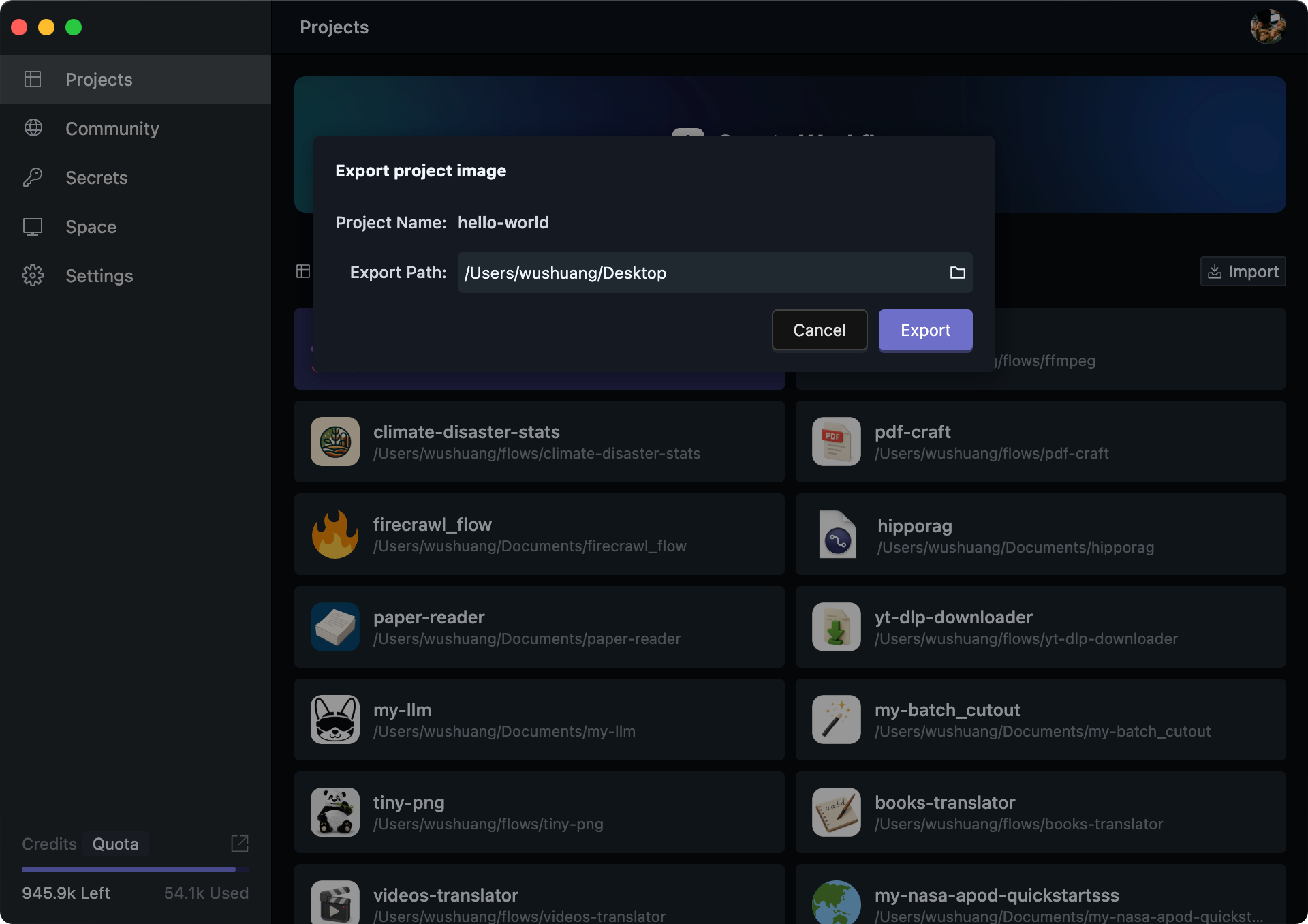 Export Image Options in Home Page